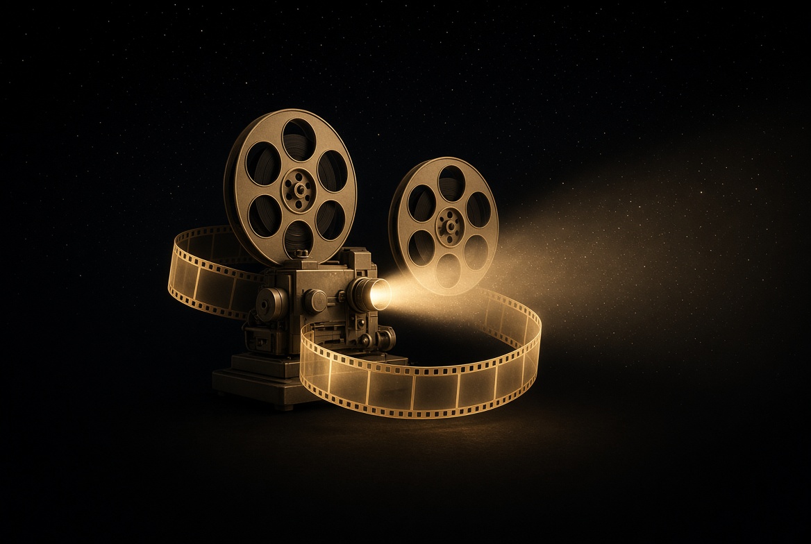 Full chronicle, gold film reels and projector beam on night