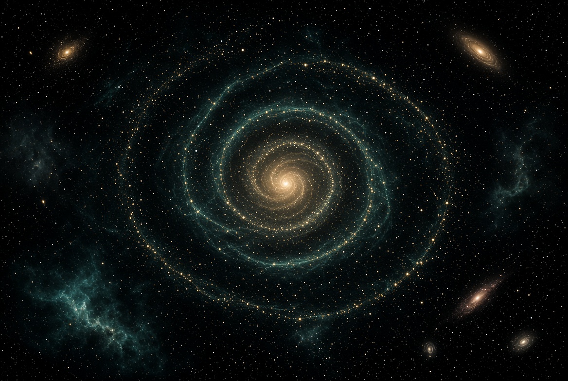 Gold–teal spiral of inquiry in deep space