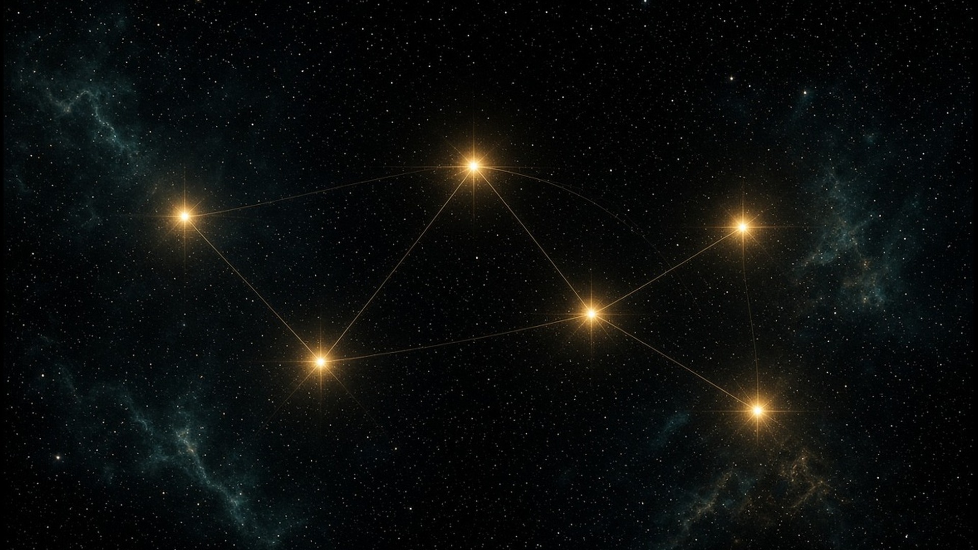 Six golden stars linked as one crossing on a deep teal-black field