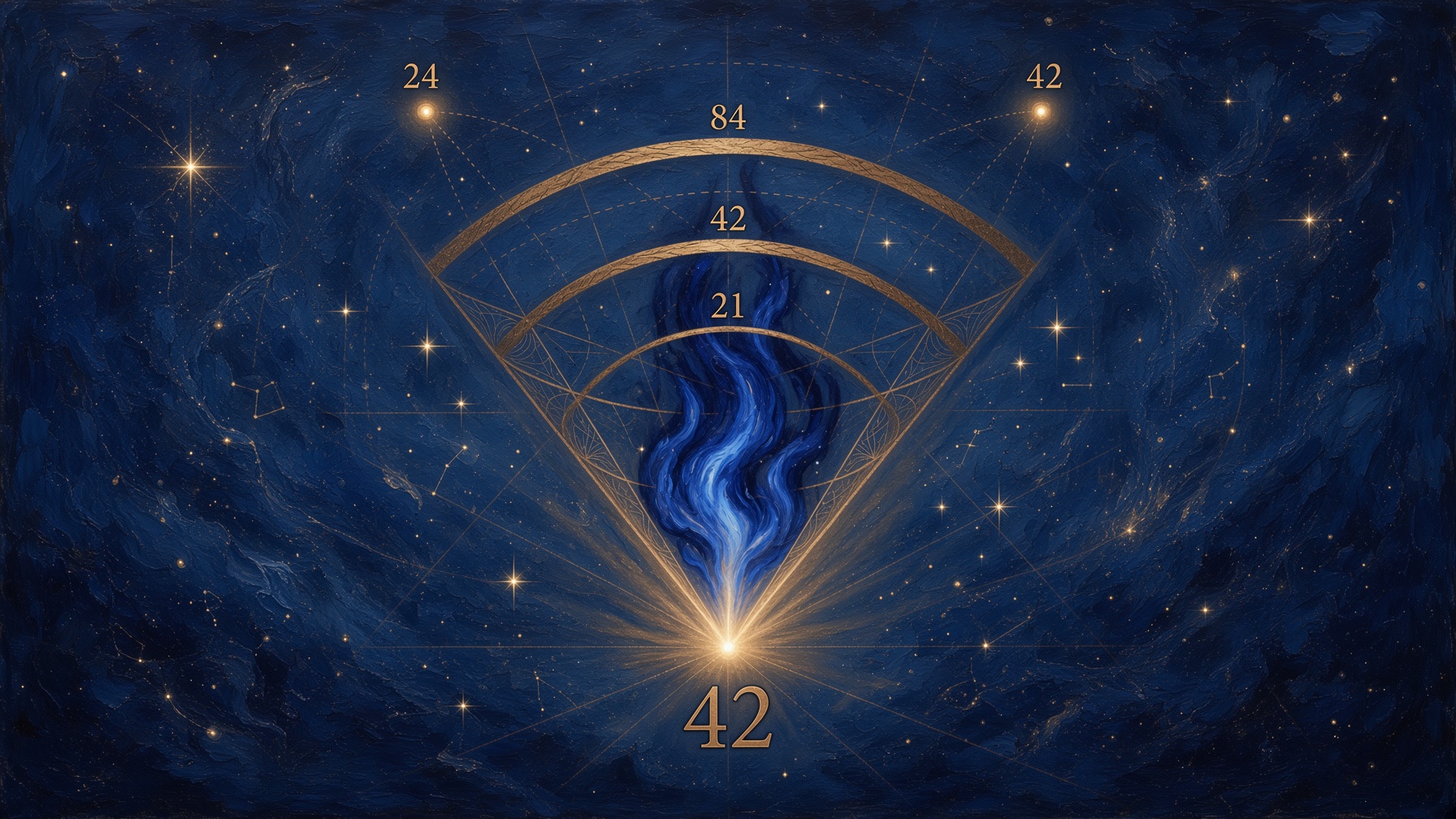 Light cone of consciousness · gold arcs at 21 · 42 · 84 with 24 and 42 stars · flame rising from a 42 seal