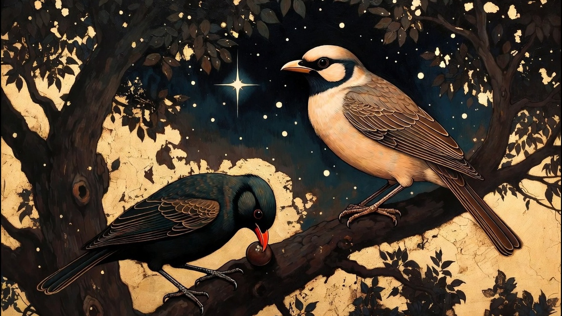 Two birds on one tree · Mundaka, one eats, one watches
