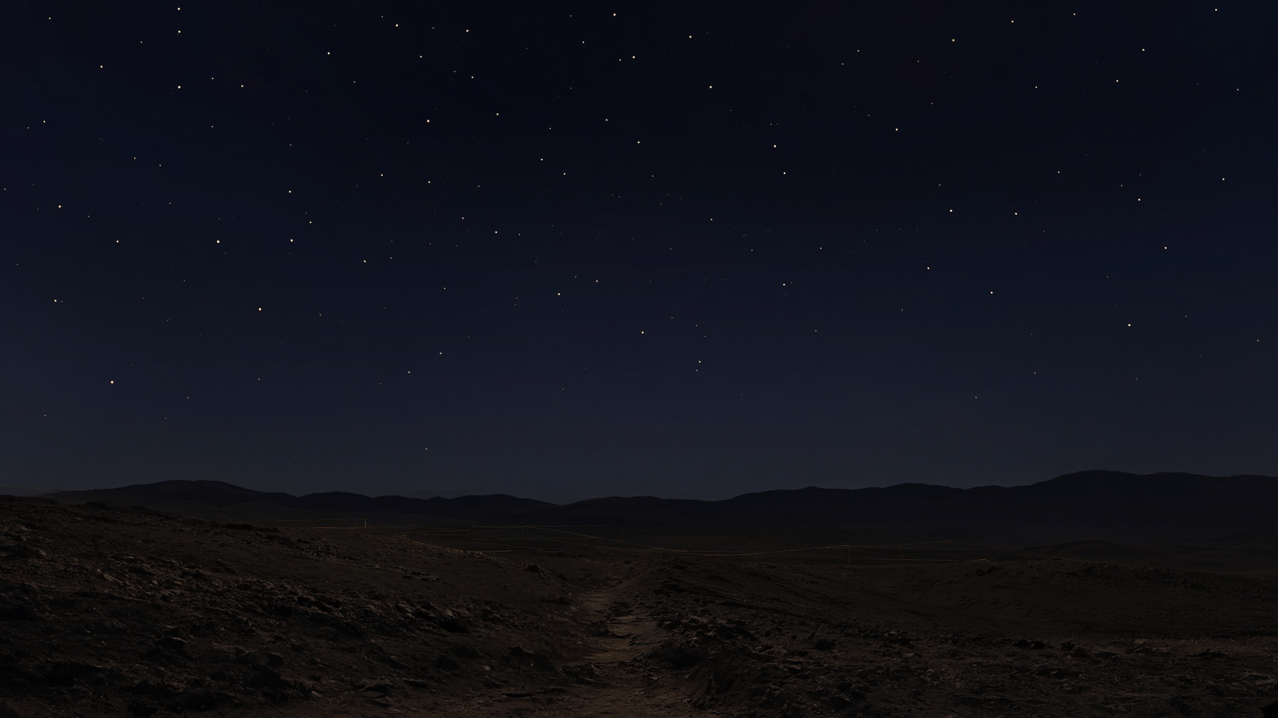 Night desert horizon, a faint path, champagne star-points, an almost invisible gold survey line across the dark