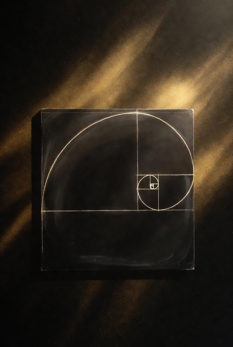 Golden-ratio spiral on slate, form without words