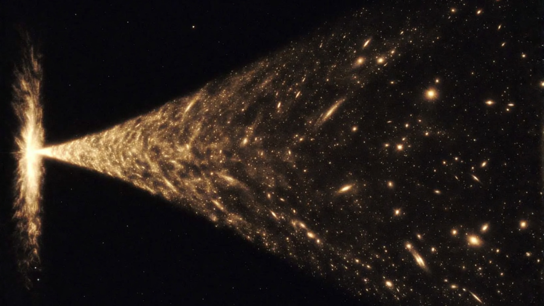 Widening cone of cosmic history · early gold phase · microwave mottling · late galaxies · night field · no labels