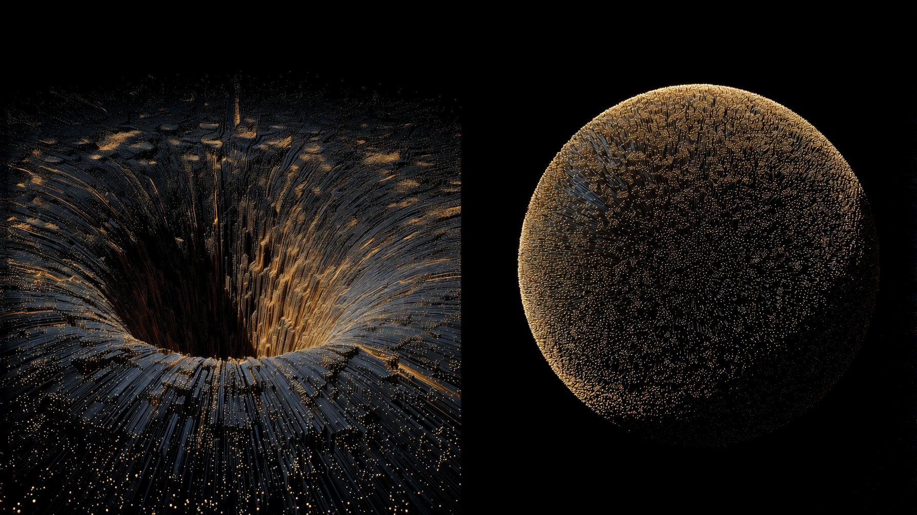 Gravitational well beside a horizon sphere marked with gold information points · night field · no labels