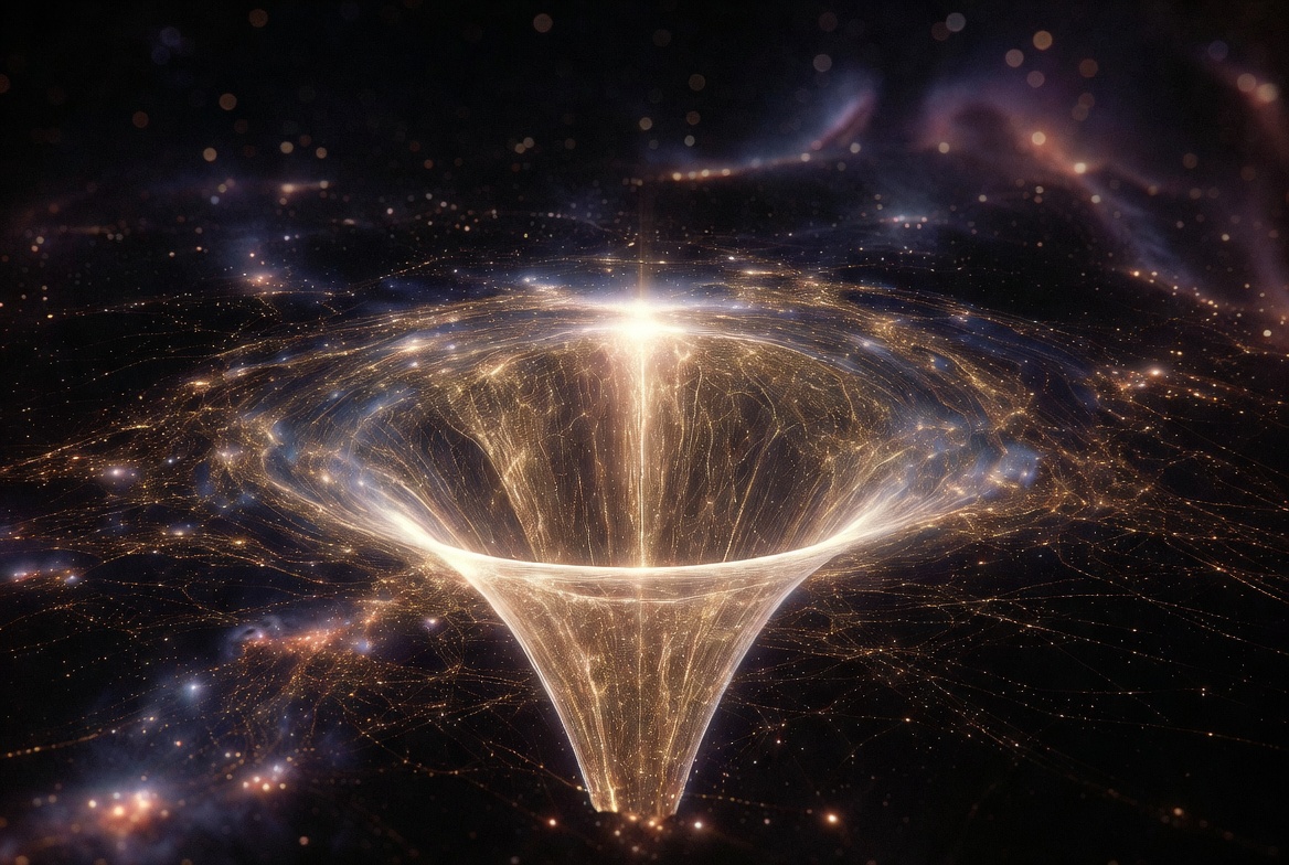 Champagne-gold light cone of consciousness rising through a cosmic web of attention