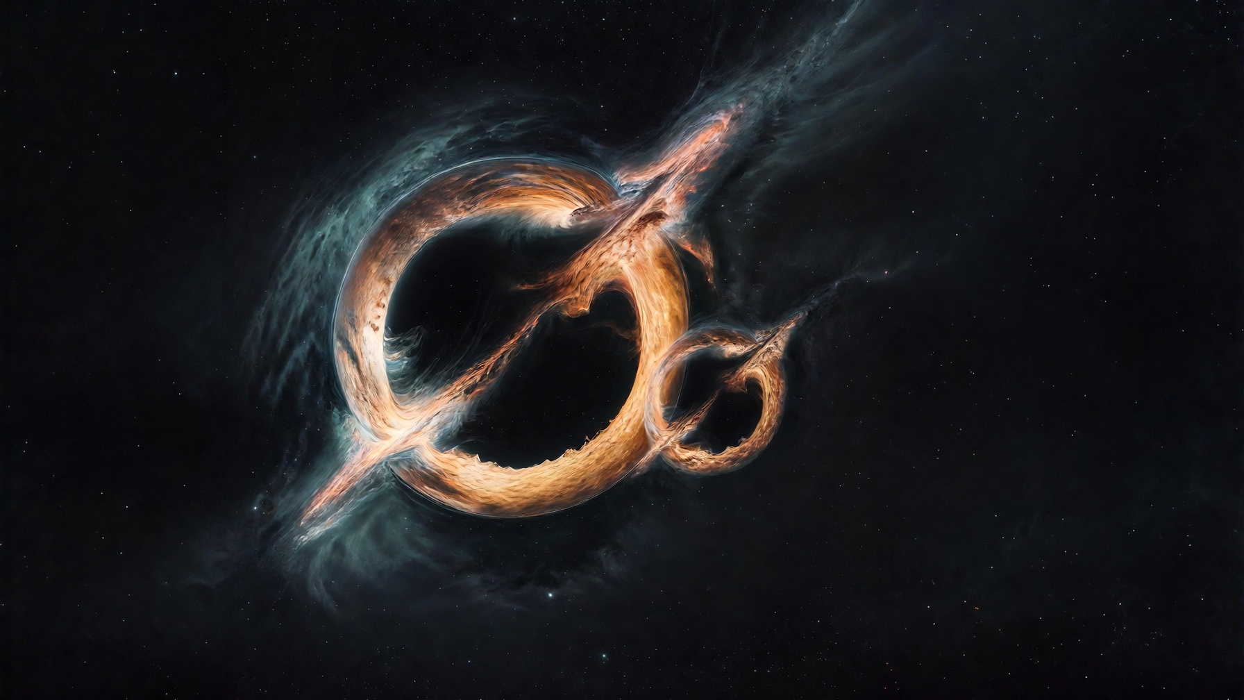 Two black holes on a night field: a larger gold-copper ring and a smaller companion, merger at cosmological scale