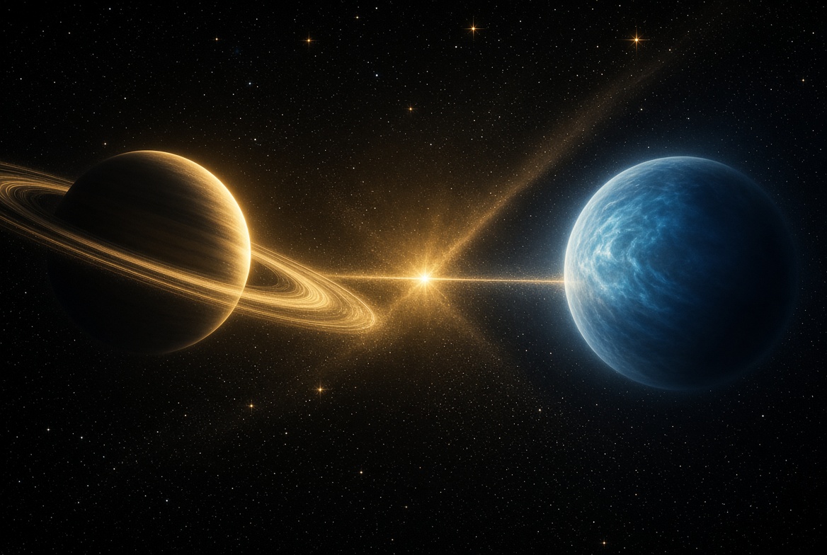 Saturn and Neptune facing across a gold axis of beginning in deep space