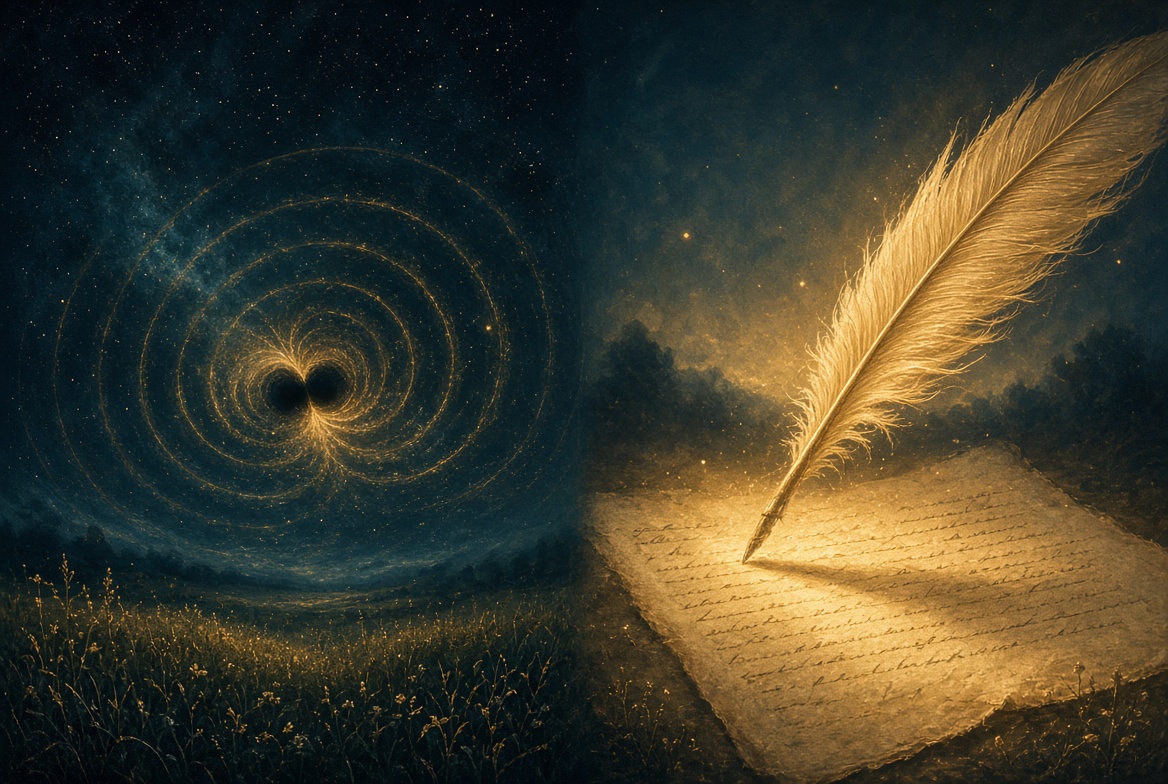 Two thresholds on one night: left, binary black hole with gold strain rings; right, quill and love letter under stars