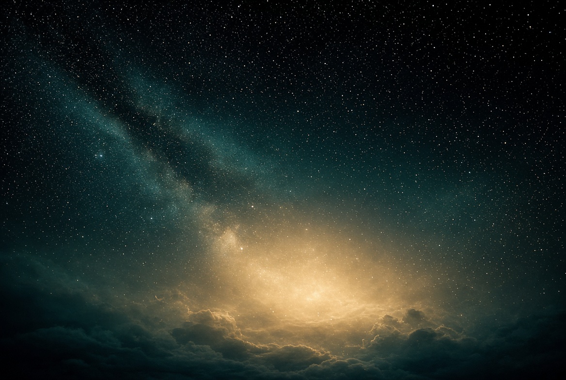 Teal Milky Way opening into a champagne-gold room of light · perfect love as threshold, not weapon