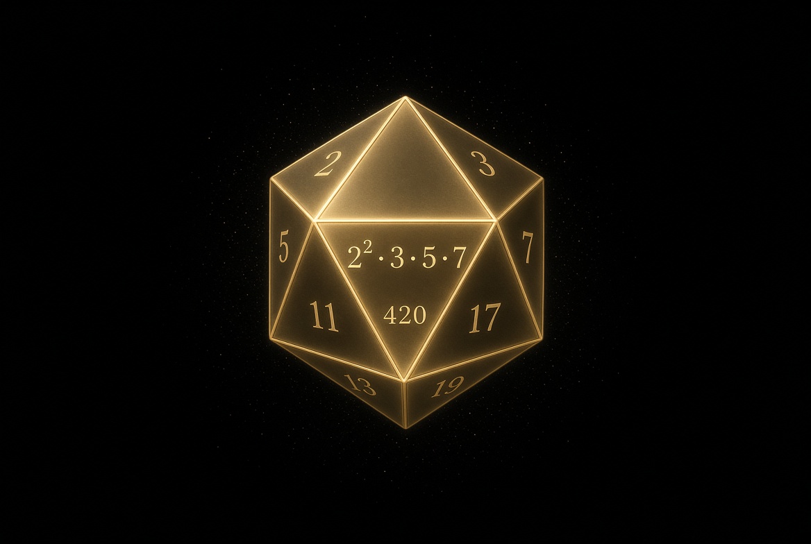 Suspended luminous polyhedron alone on pure night field · faces carry 2² · 3 · 5 · 7 and 420 · no platform dial beam or bridge
