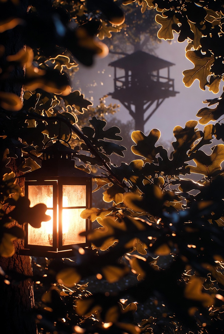 Lantern light through oak leaves, treehouse in the canopy, ordinary afternoon · Jupiter Taurus 1°42′