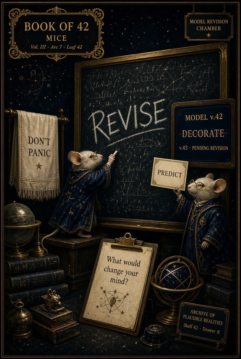 Model Revision Chamber · mice chalk REVISE · PREDICT card · DECORATE struck on MODEL v.42 · Don’t Panic towel
