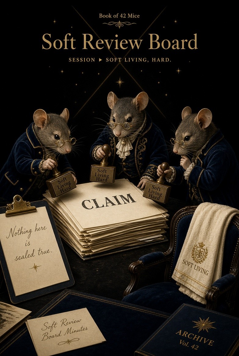Soft Review Board · three mice with Soft Living Hard stamps over CLAIM · nothing sealed true