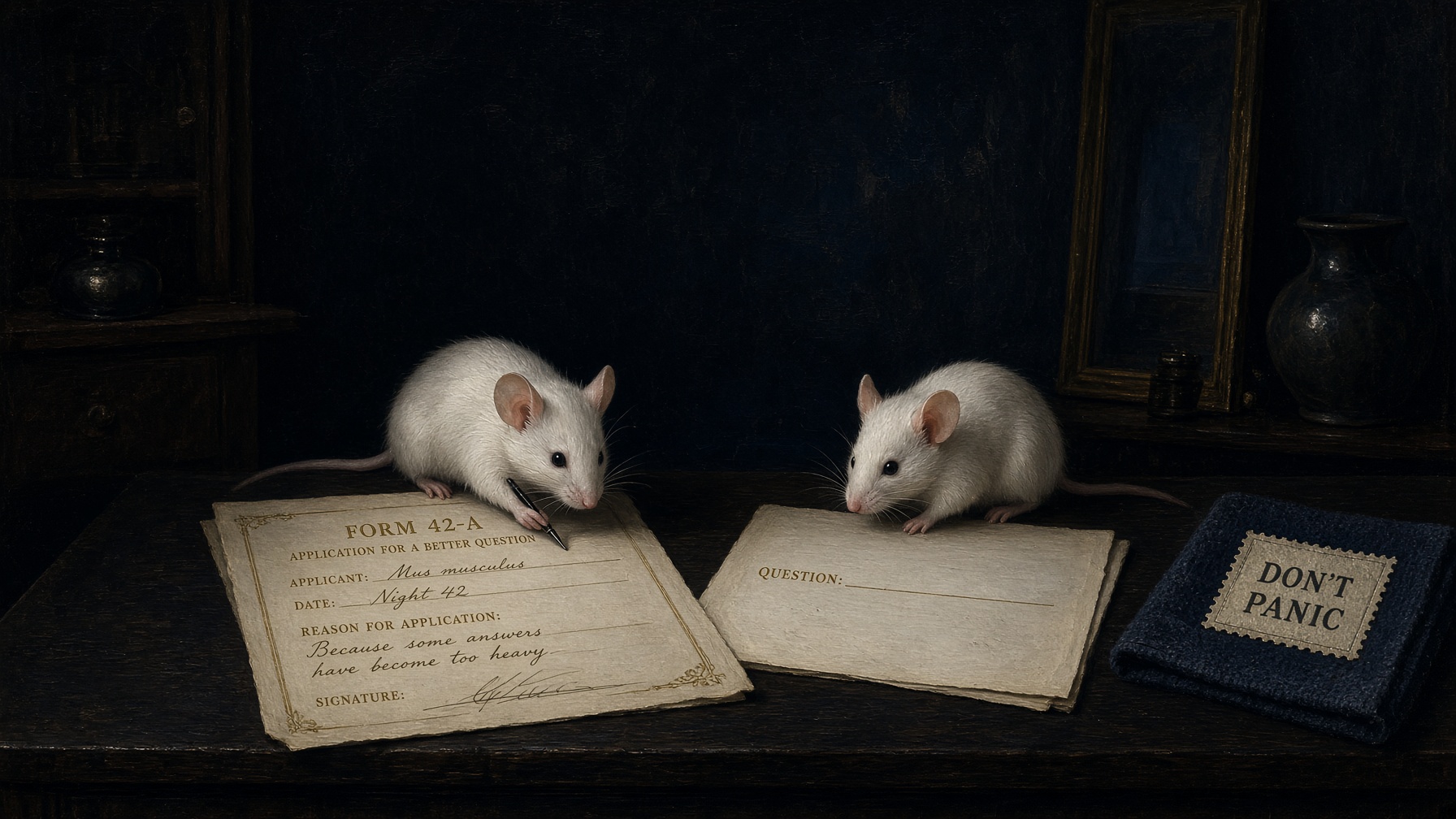 Two white mice at a night desk. One writes Form 42-A. The other stares at a blank question.