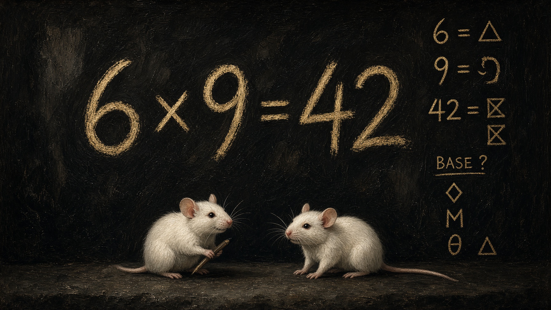 Two white mice at a gold blackboard. 6 × 9 = 42. One is sure. One is suspicious.