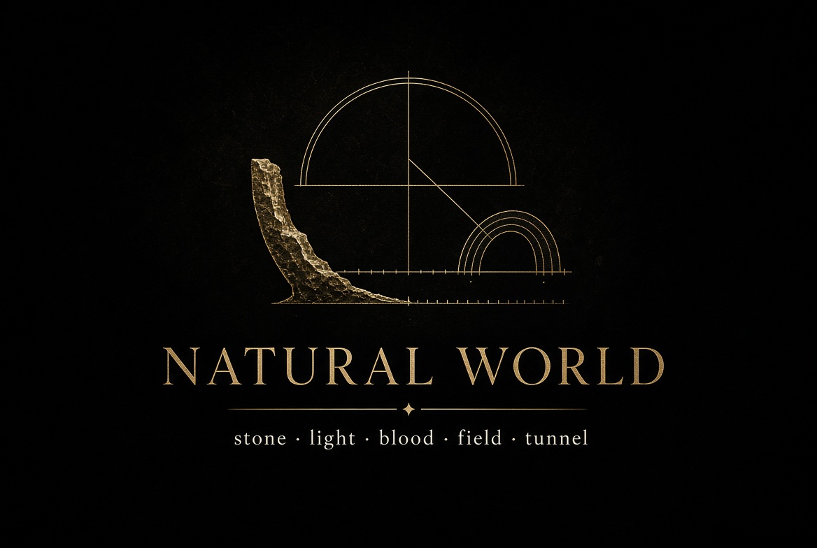 Natural World room seal · stone edge, light arc, and measurement geometry on night field