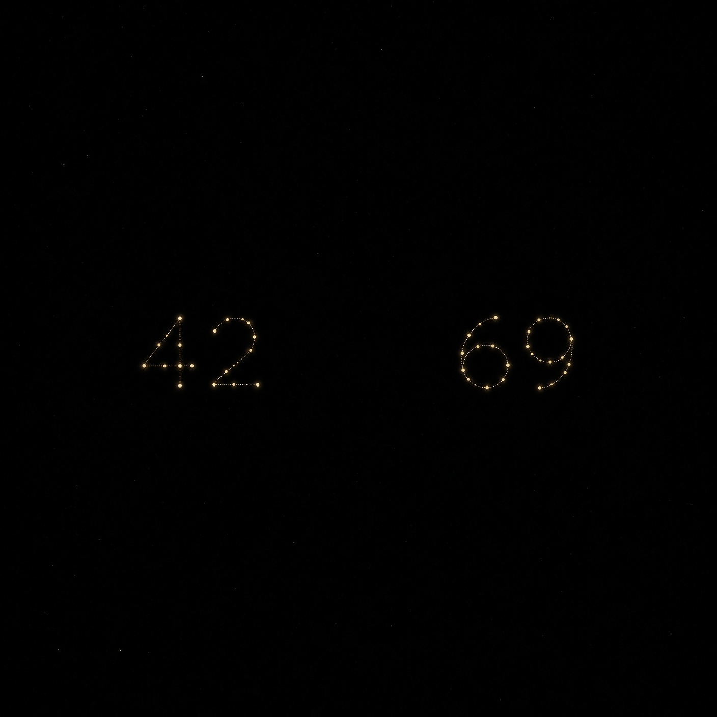 Quiet square night. 42 and 69 as delicate constellation lamps, both in the frame.