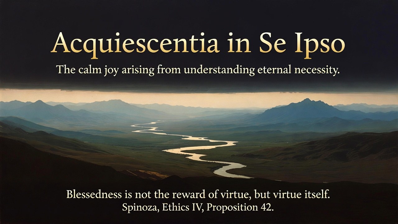 River winding through mountain valley under dark sky · Acquiescentia in Se Ipso · Spinoza Ethics Proposition 42