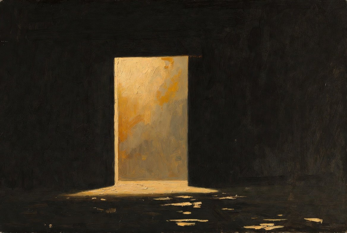 Painterly open threshold of warm gold light in a dark chamber, show up and be seen