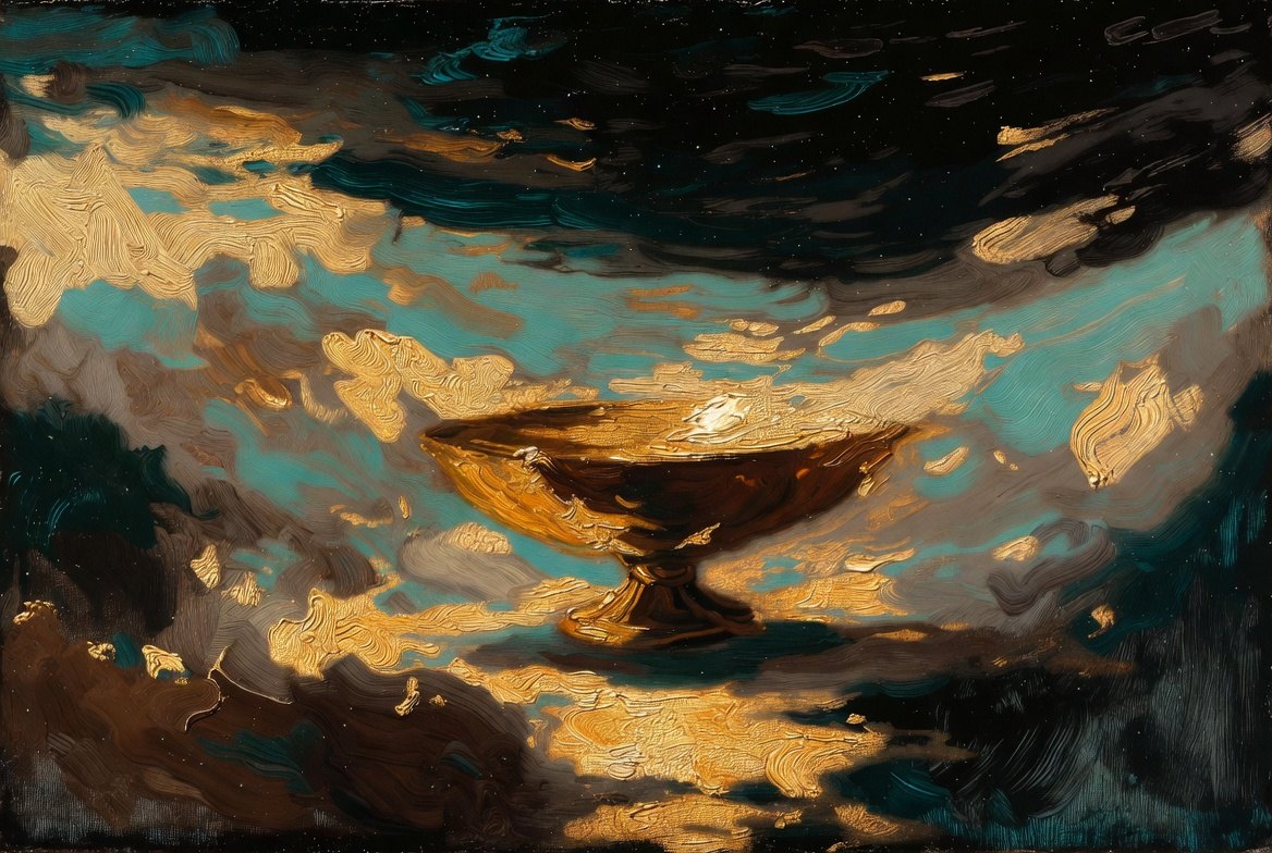 Painterly gold vessel dissolving into a teal-gold field, drink the whole
