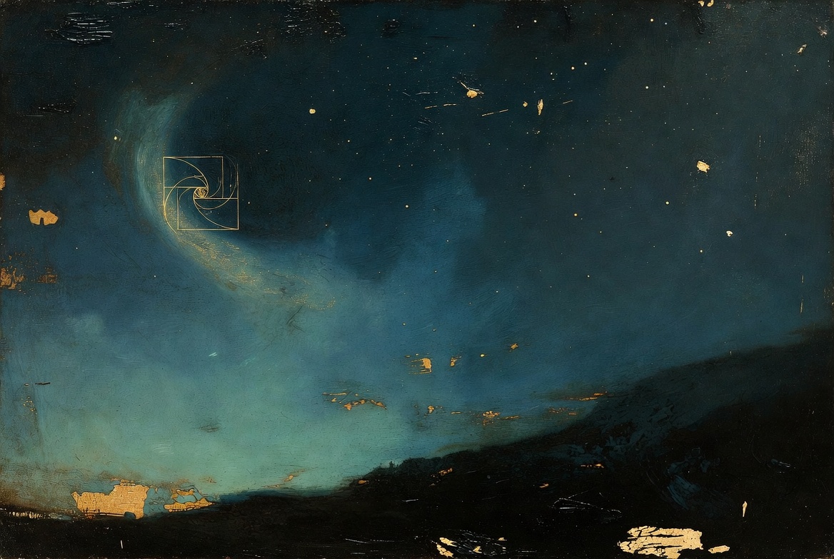 Painterly night, gold spiral basin in teal storm of stars, bridge of measure and myth, no diagram labels