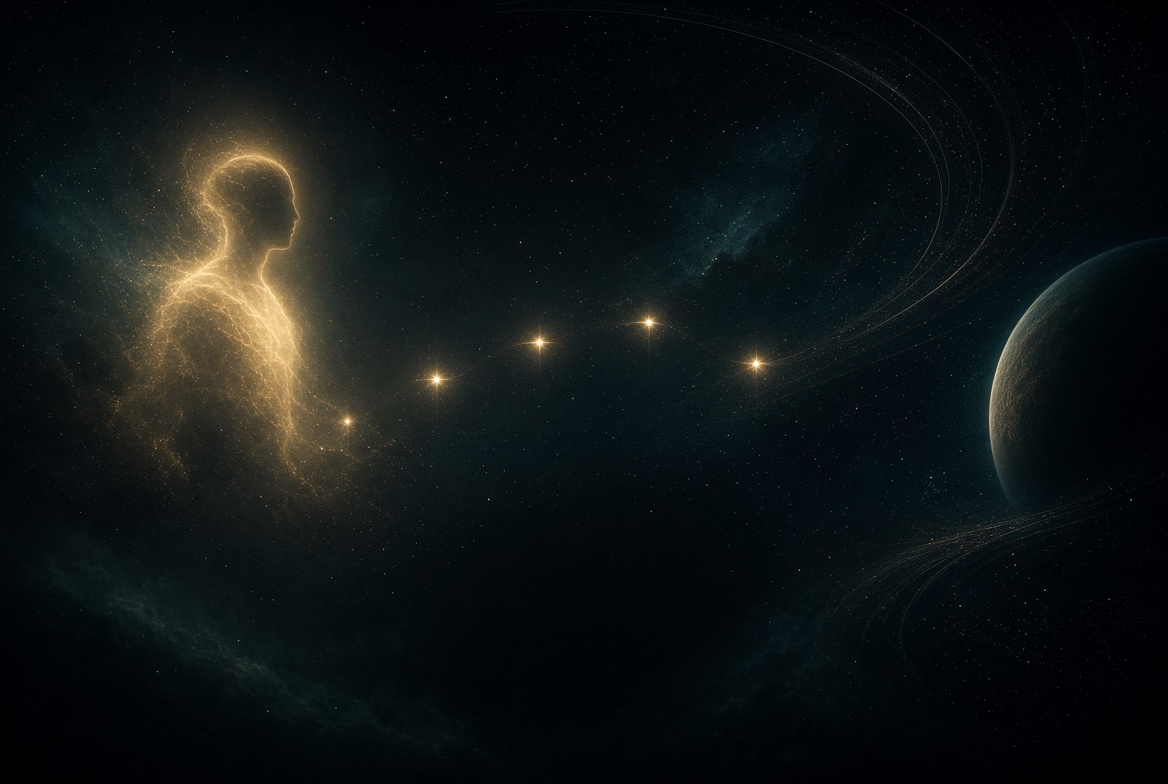 Gold luminous psyche figure facing a deep teal night sky · four stars as one hinge · no text