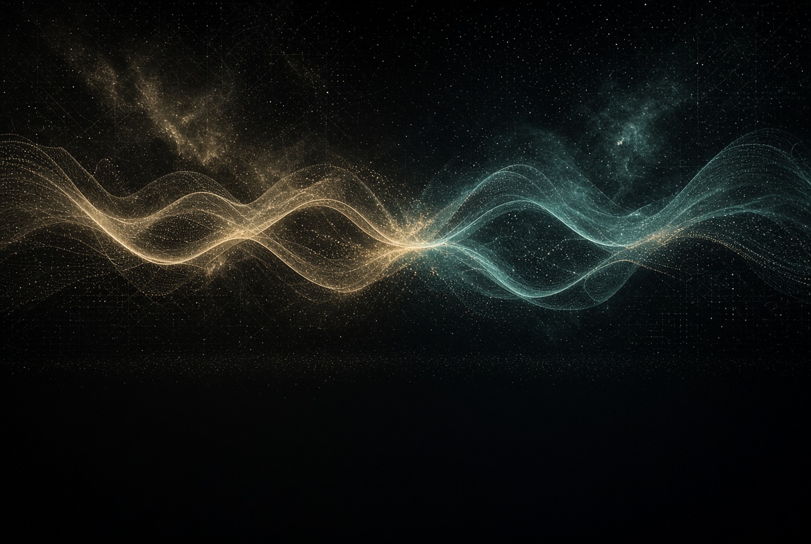 Gold and teal wave lattices meeting on a star field, misalignment becoming order