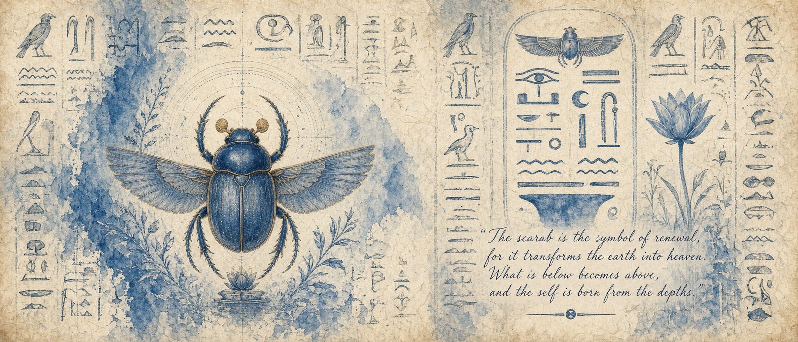 Blue scarab on papyrus, wings open, lotus, hieroglyphs. The insect at the window was a rose-chafer.