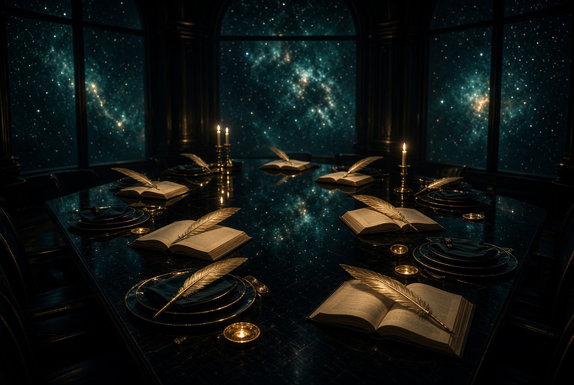 Long dark table under a teal Milky Way, champagne-gold quills and open books at empty seats — a room of neighbors