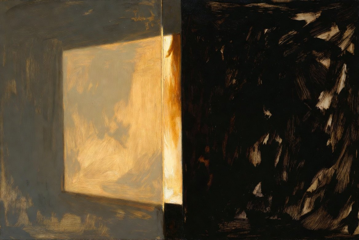 Painterly transparent gold light and dark rapture field meeting across a hinge