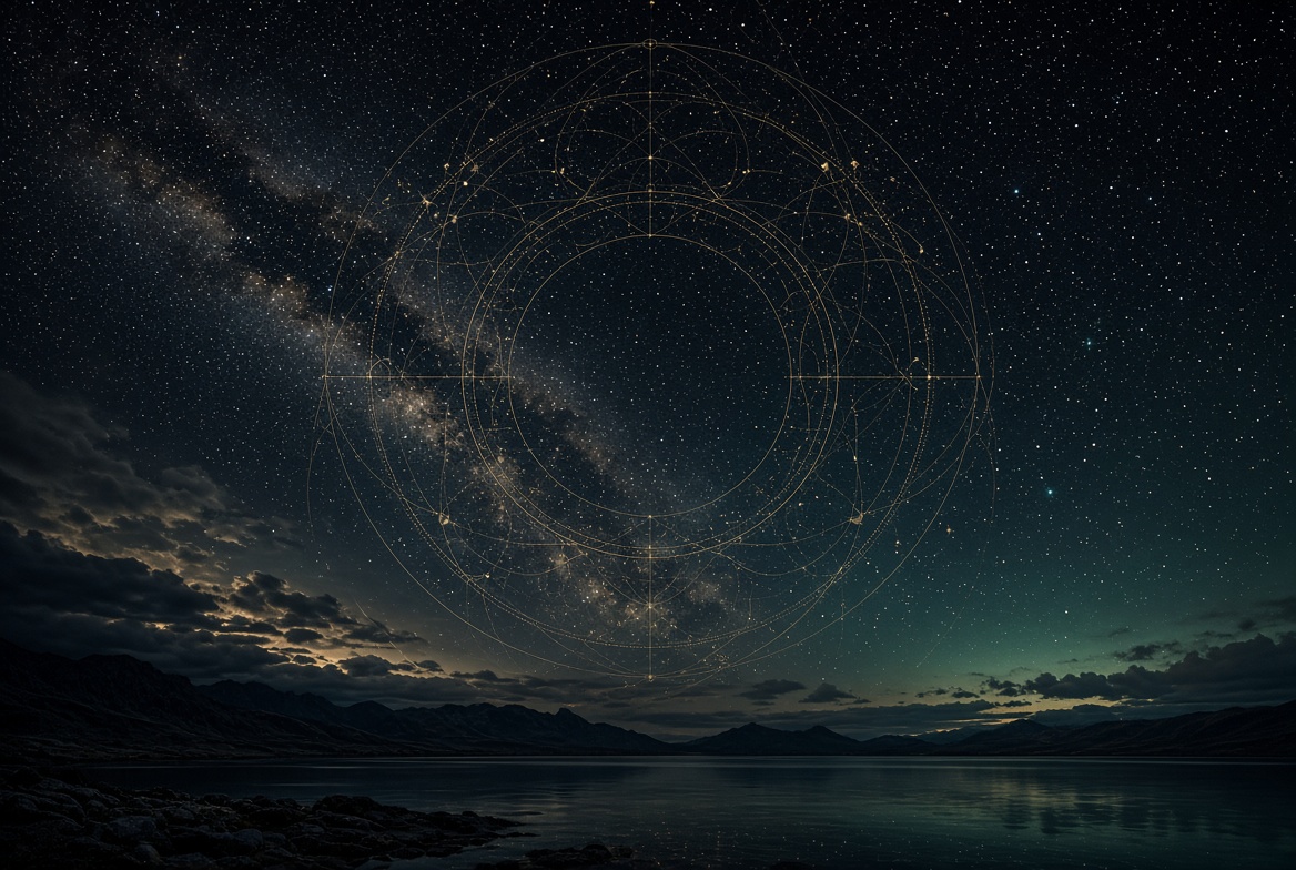 Gold sky mandala over milky way and still water · no text