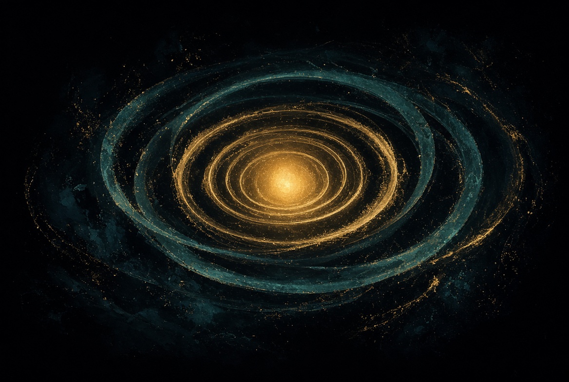 Champagne gold nested orbits, teal outer rings, love as gravity on night, no text