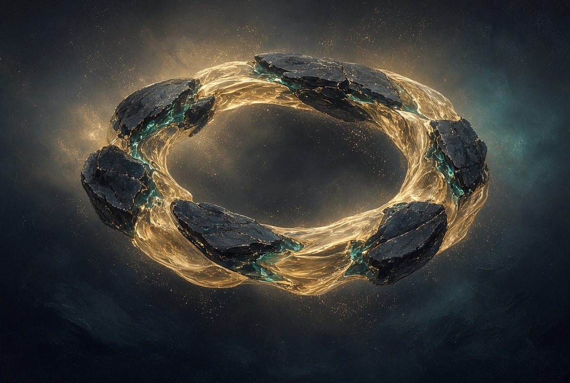 Night shards bound by champagne-gold light into one ring, teal in the joins