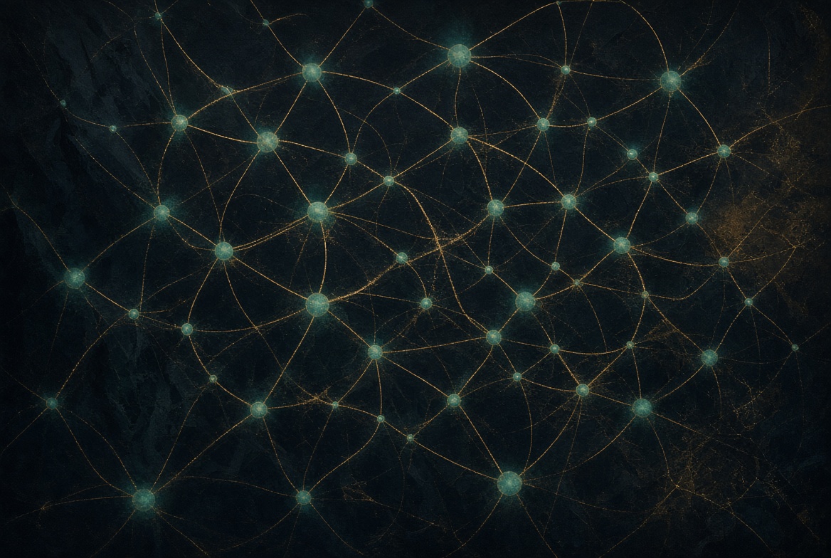 Gold lattice and teal nodes on night, self-writing field