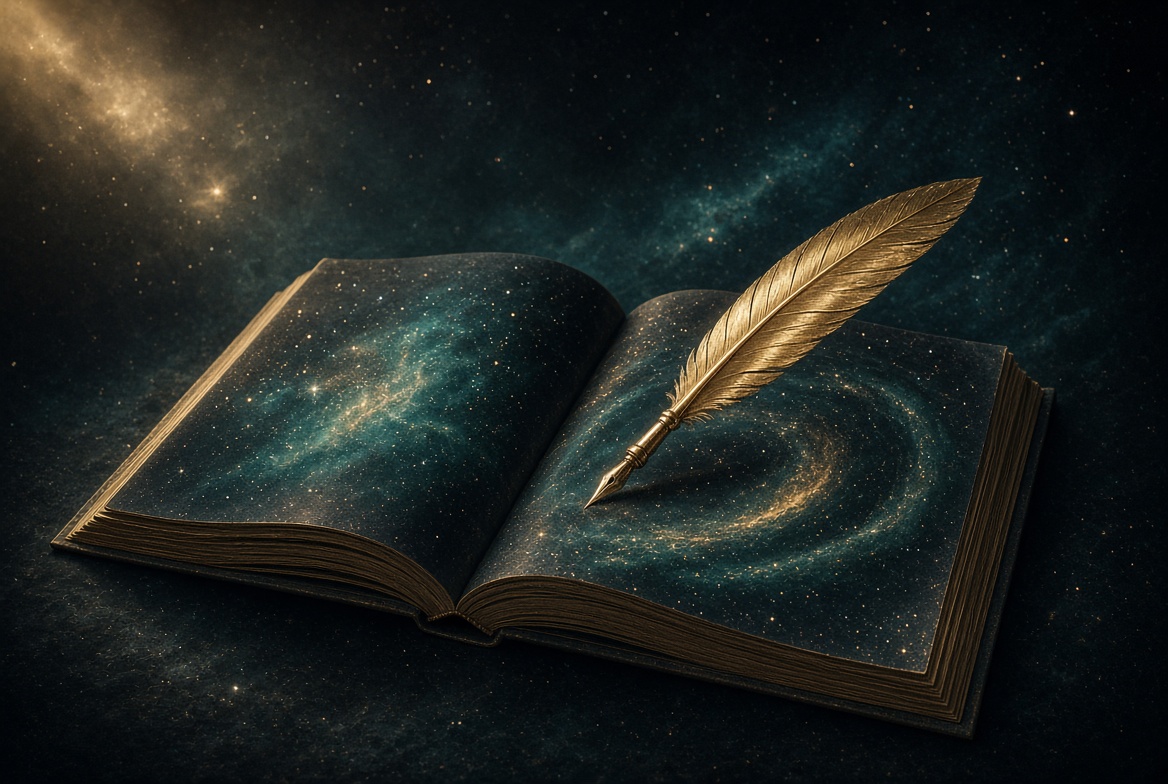 Open book of night sky with champagne-gold quill