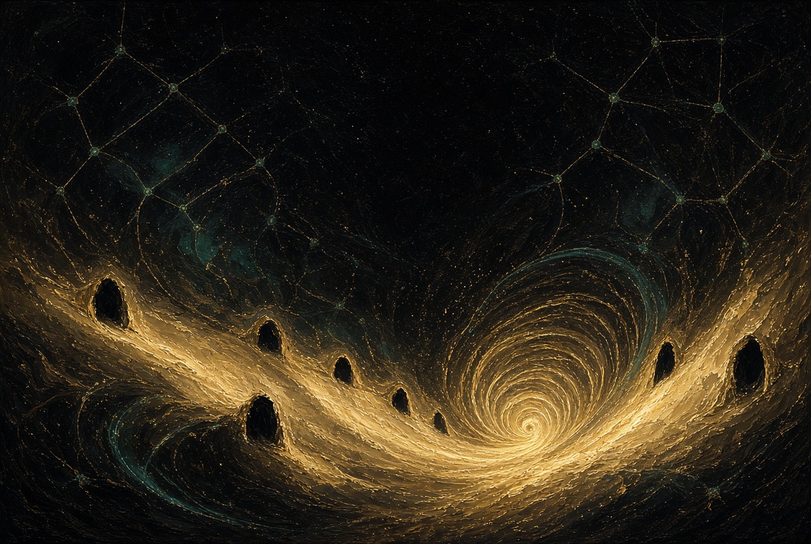 Gold attractor basin on night field, teal lattice nodes, doors along the spiral · Book palette