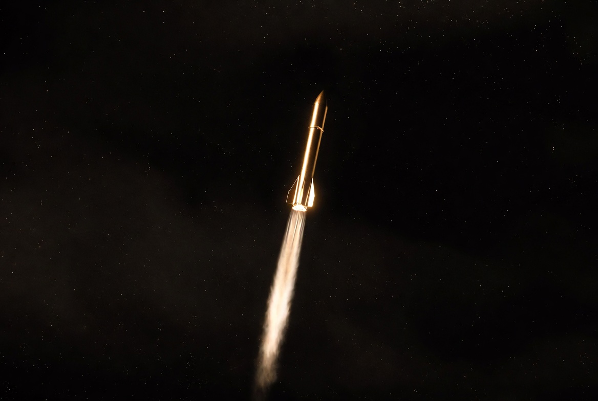 Champagne-gold rocket rising through a night sky, hardware as nervous system