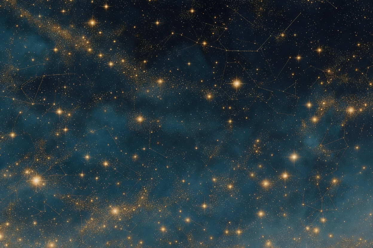 Painterly fixed-star night, deep navy gold, constellation lines, no text, full frame