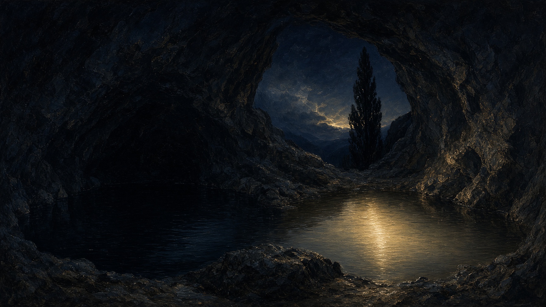 Painterly night cave: two springs, one still and black, one faintly gold, a cypress at the mouth