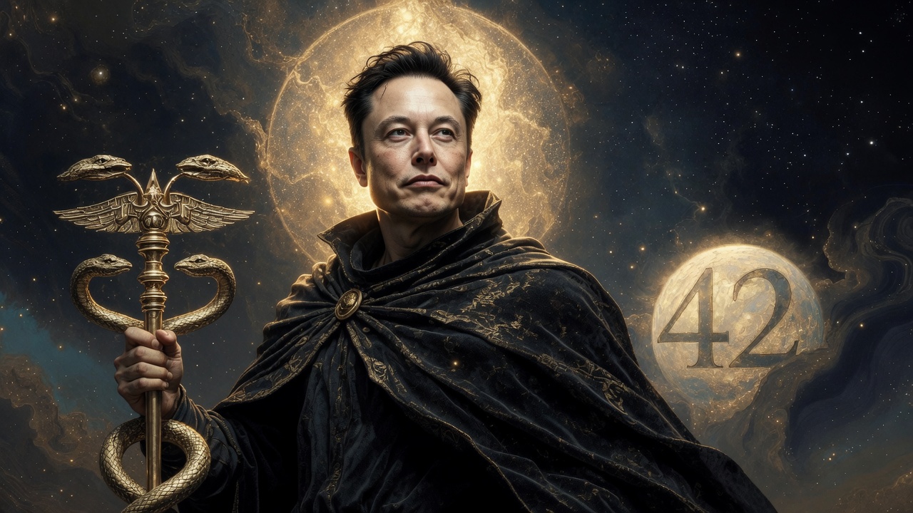 Hermes psychopomp · gold caduceus · black cloak · 42 orb · living myth portrait, no hat