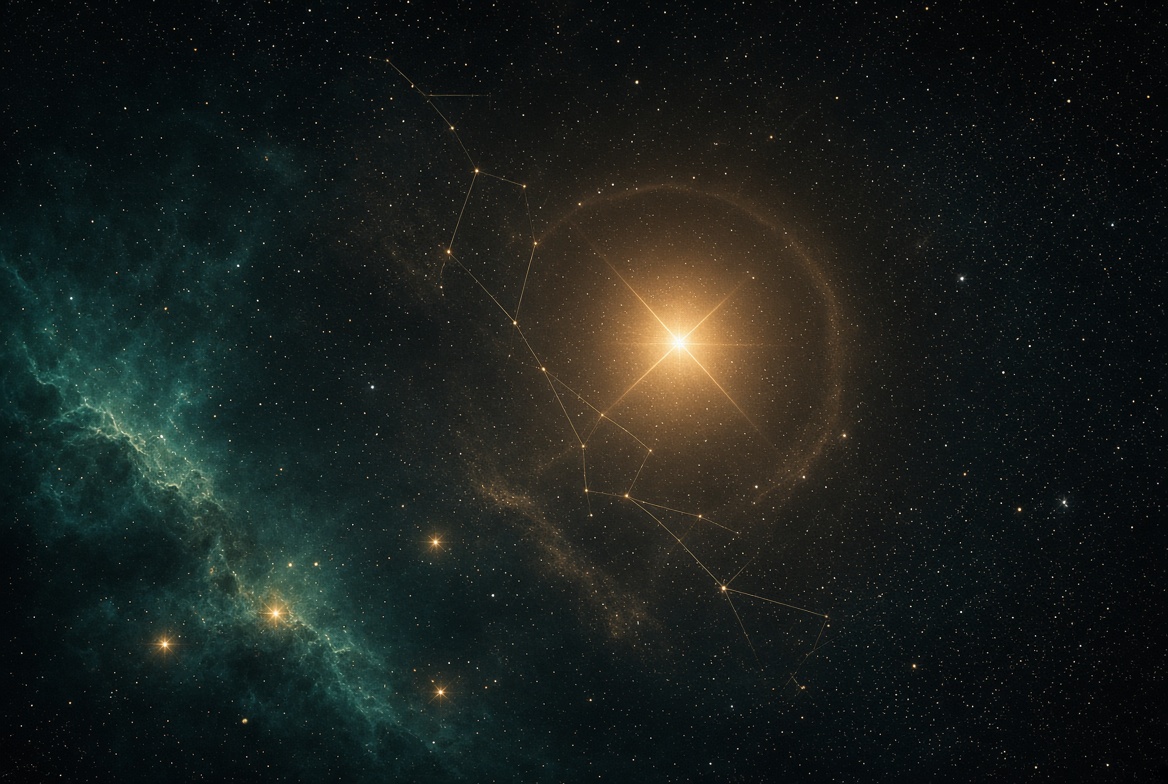 Gold star in a teal night field with faint narrative filaments
