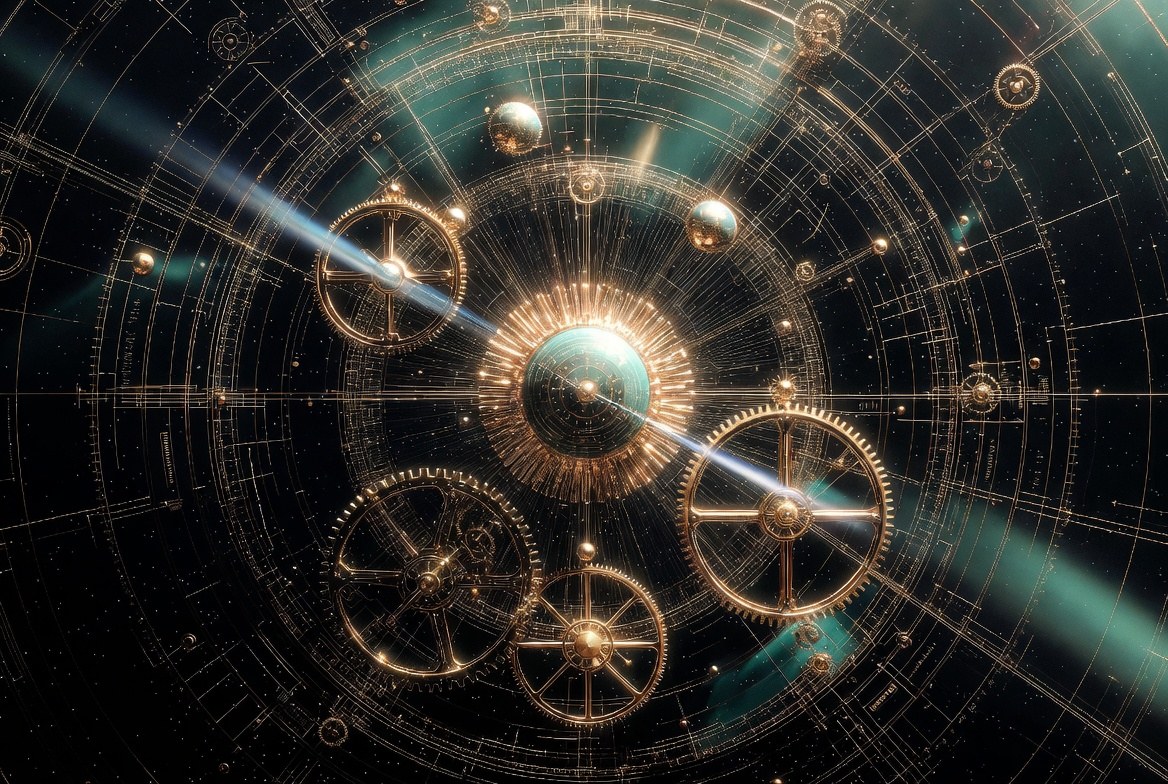 Celestial clockwork, gold orbits and teal paths, comet on a calculated arc