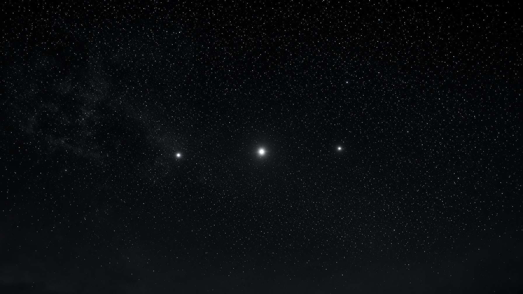 Three belt stars in a line on the celestial equator. Photoreal night.