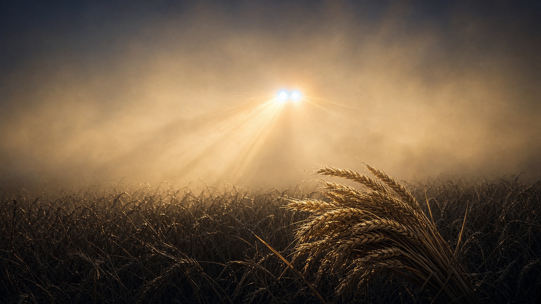 Two close blue-white suns over a dark harvest field. A sheaf of gold grain catching twin fire. Mythopoesis, not a sky map.
