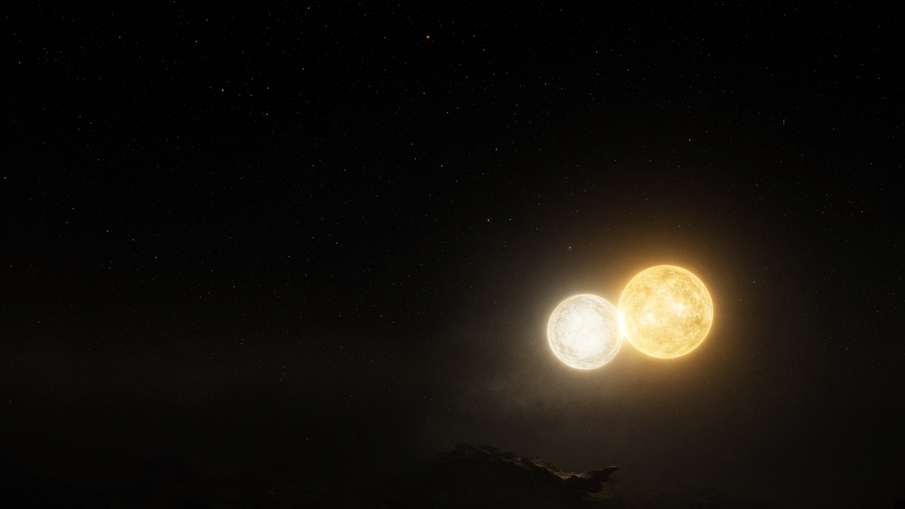 Two neighboring suns, gold and white, over a dark threshold. Mythopoesis, not a sky map.