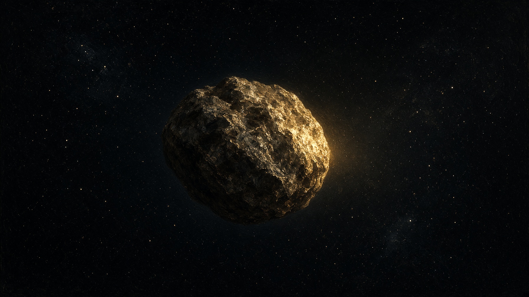 Painterly night. An irregular metal-and-rock world in deep space, one face catching a single gold flame of sunlight. No labels, no craft, no lockup.