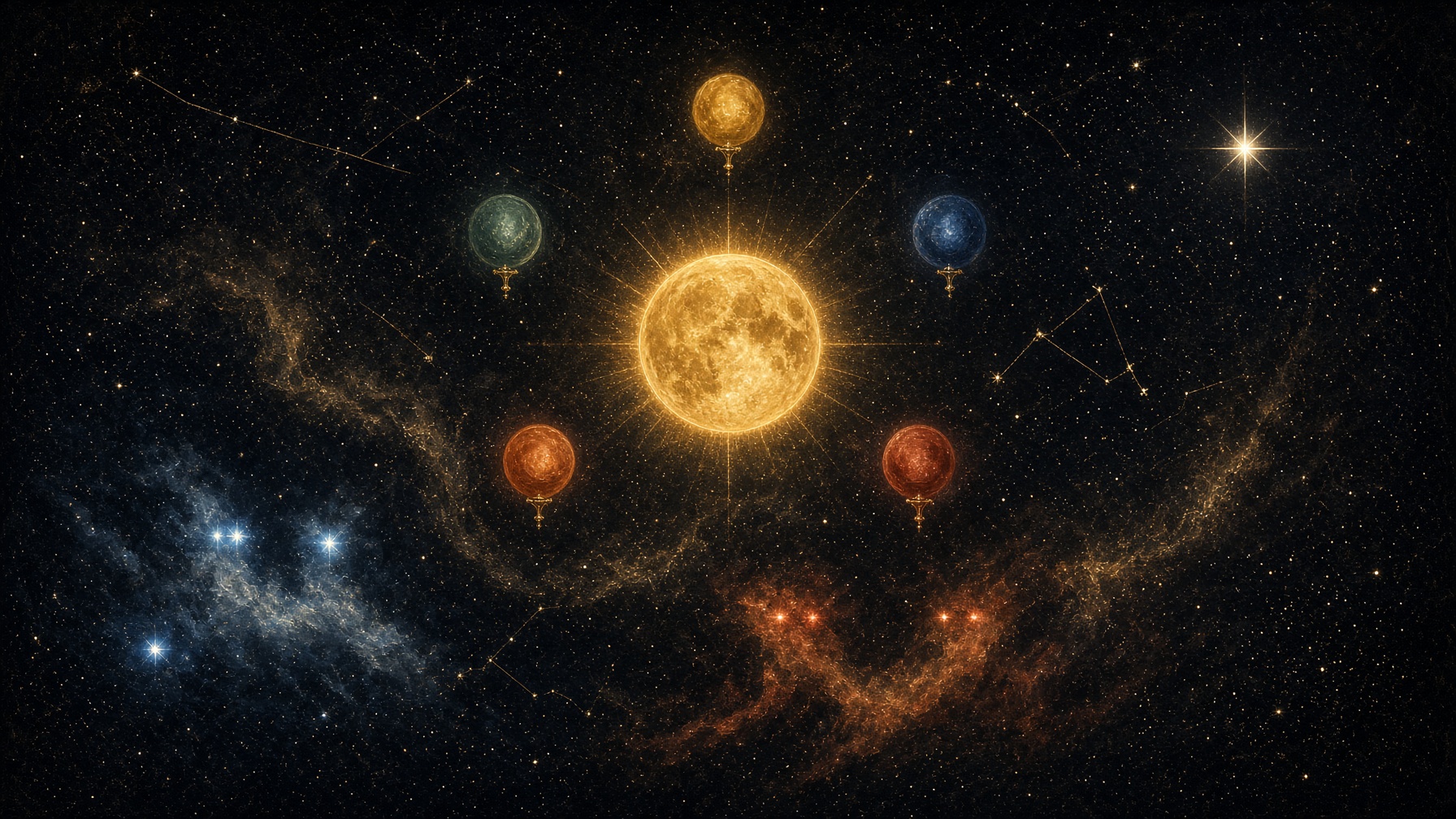 Painterly night. Five lamps of different colors around a Cancer-season sun. No text.
