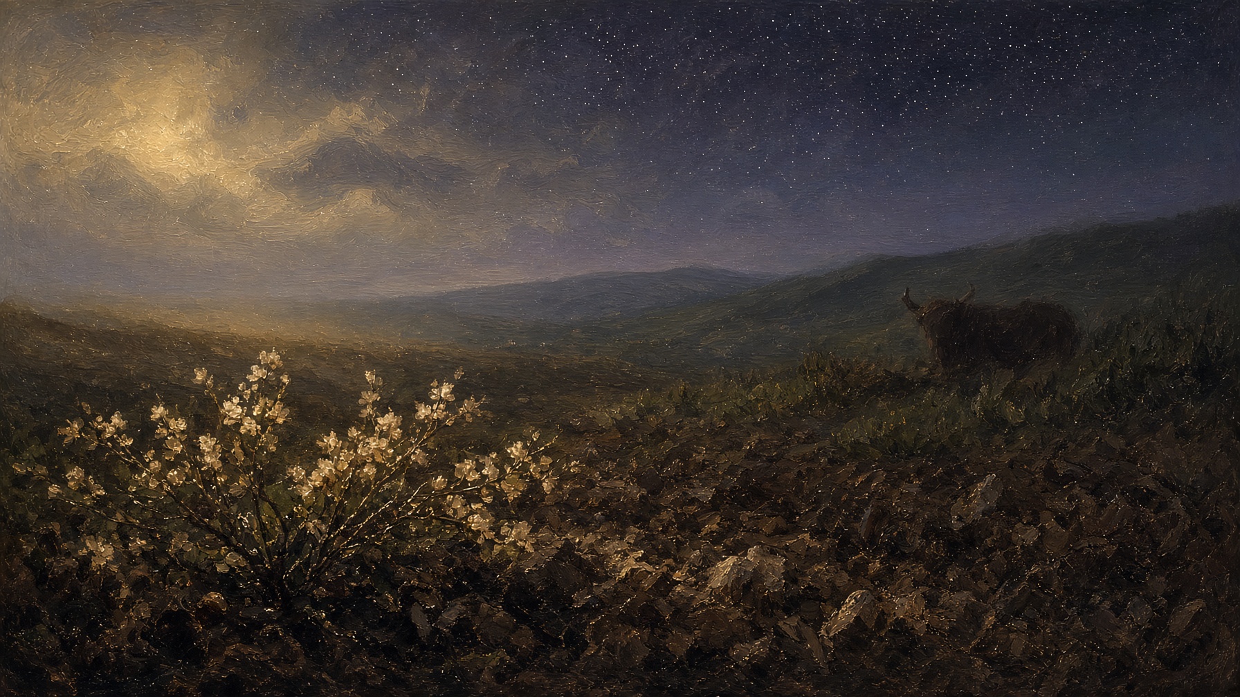 Painterly night field in mid-spring: dark earth, pale blossoms in champagne light, a bull only as distant hillside shadow