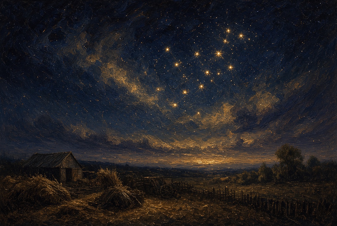 Painterly harvest night · Virgo court stars, gold wheat field, no labels